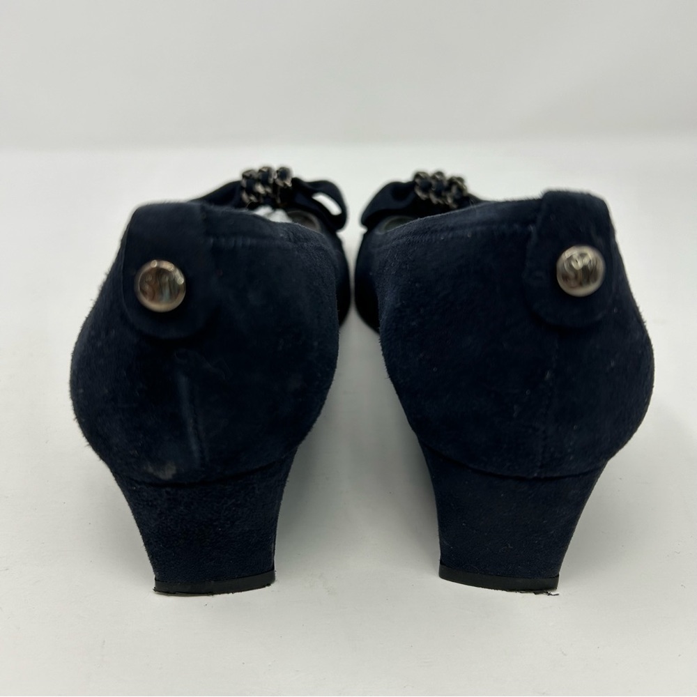 Stuart Weitzman Navy Blue Leather Wedges Size 8 ** with Ribbon Chain Toe Detail - Picture 6 of 14